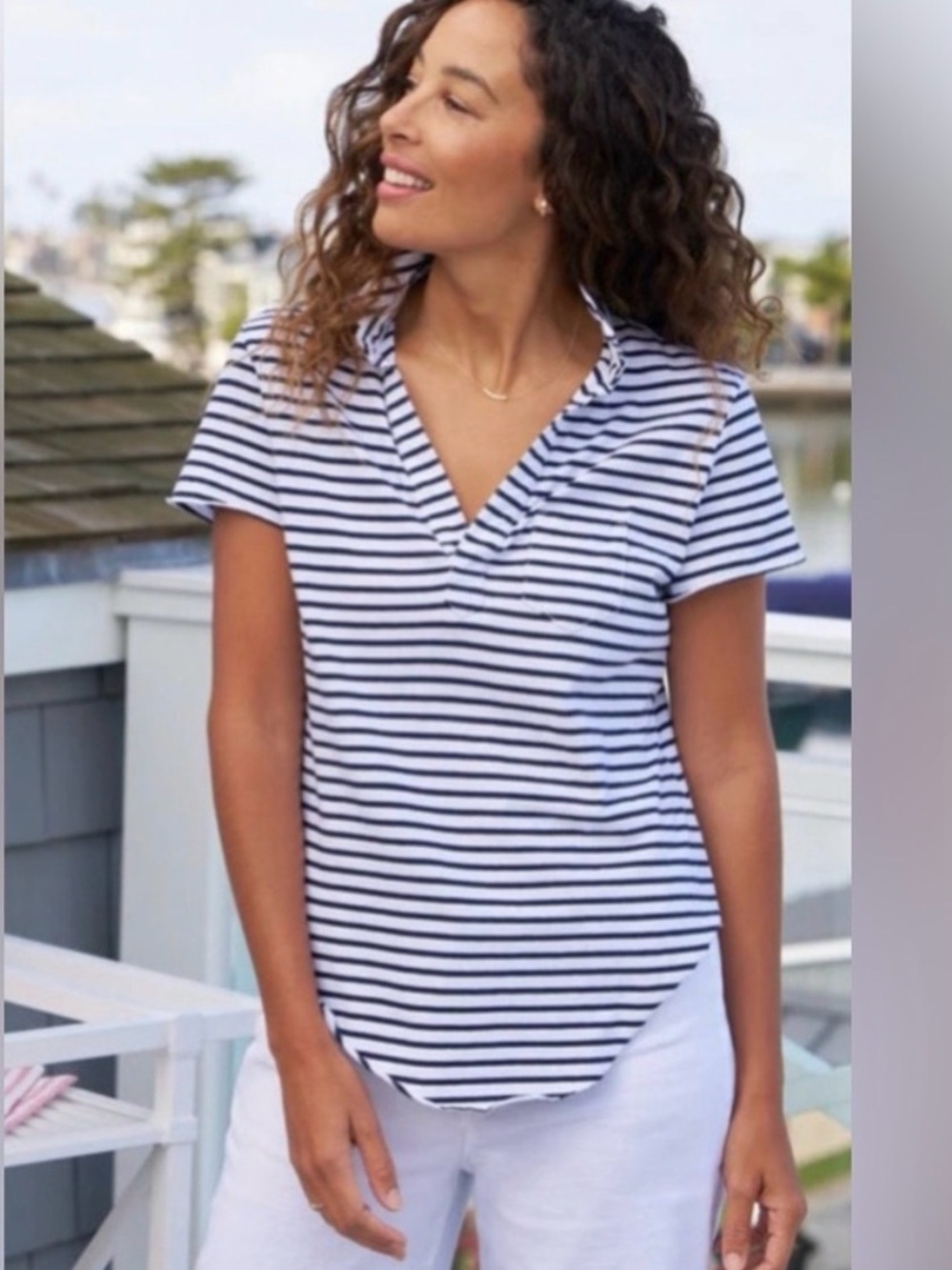 NWOT New Frank & Eileen Charlotte Perfect Polo in White and Navy Stripe Size XS